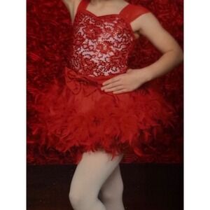Sparkly Red Weissman Dance Costume + Feather & Tulle Skirts + Bow Hair Piece 💃
